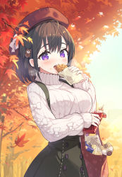 Rule 34 | 1girl, :d, autumn, autumn leaves, bag, bear hair ornament, beret, black hair, black skirt, blush, branch, breasts, commentary request, croquette, food, food on face, hair between eyes, hair ornament, hat, high-waist skirt, highres, holding, holding food, large breasts, long sleeves, looking at viewer, open mouth, original, pocky, puffy long sleeves, puffy sleeves, purple eyes, red hat, skirt, sleeves past wrists, smile, solo, suspender skirt, suspenders, sweat, sweater, tam-u, teeth, thick eyebrows, tree, turtleneck, turtleneck sweater, upper teeth only, white sweater