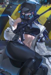 Rule 34 | 1girl, armband, bare shoulders, baseball cap, belt, black footwear, black gloves, black hair, black hat, black pants, black shirt, blue archive, blue eyes, blue hair, boots, breasts, chest harness, covered mouth, crop top, gloves, gun, halo, harness, hat, highres, hood (james x), jacket, knee boots, large breasts, long hair, long sleeves, looking to the side, lying, mask, midriff, mouth mask, navel, off shoulder, on side, pants, saori (blue archive), shirt, sleeveless, sleeveless shirt, solo, thighs, weapon, white jacket