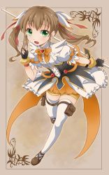 Rule 34 | 10s, 1girl, bad id, bad pixiv id, bow, bowtie, brooch, brown background, brown hair, card, corset, dog days, fingerless gloves, frills, full body, gloves, green eyes, hair ribbon, jewelry, long hair, ratryu, rebecca anderson, ribbon, shoes, skirt, smile, solo, staff, thighhighs, twintails, white thighhighs