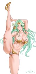 Rule 34 | 1girl, 2020, arm up, armpits, artist name, bare shoulders, bikini, blush, breasts, cameltoe, circlet, cleavage, closed mouth, collarbone, commentary, dated, english commentary, female focus, fire emblem, fire emblem: three houses, flower, gold trim, green eyes, green hair, hair flower, hair ornament, high heels, highres, kneepits, large breasts, leg lift, leg up, legs, long hair, looking at viewer, matching hair/eyes, navel, nintendo, one eye closed, parted bangs, revealing clothes, rhea (fire emblem), sendo (sendrawz), simple background, smile, solo, split, standing, standing on one leg, standing split, swimsuit, thighs, white background, white bikini, wink