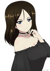 Rule 34 | 1girl, artist name, bare shoulders, black choker, black dress, black hair, blue eyes, breasts, bukkuri, choker, cleavage, closed mouth, commentary request, dated, dress, formal, from side, girls und panzer, hand in own hair, jewelry, light smile, long hair, long sleeves, looking at viewer, medium breasts, nonna (girls und panzer), off-shoulder dress, off shoulder, partial commentary, pendant, signature, simple background, smile, solo, swept bangs, upper body, white background