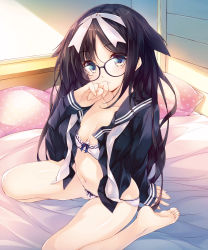 Rule 34 | 1girl, amami mikihiro, arm behind back, bad id, bad pixiv id, barefoot, bed, bed sheet, bedroom, black-framed eyewear, black hair, blue bow, blue eyes, bow, bow bra, bow panties, bra, breasts, closed mouth, collarbone, feet, glasses, hair flaps, hair ribbon, hairband, hand up, highres, indoors, light smile, long hair, looking at viewer, navel, on bed, open clothes, original, panties, pillow, polka dot pillow, ribbon, school uniform, serafuku, shade, sitting, small breasts, smile, soles, solo, spread legs, thighs, underwear, very long hair, wariza, white bra, white panties, white ribbon