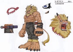 Rule 34 | 1boy, animal ears, biceps, blue eyes, character sheet, digimon, digimon (creature), digimon adventure, earrings, fangs, furry, furry male, highres, jewelry, large pectorals, leomon, lion, lion ears, lion tail, long hair, manly, multiple views, muscular, official art, pectorals, scan, sharp teeth, solo, sword, tail, teeth, weapon