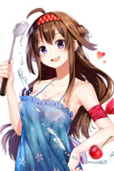Rule 34 | 10s, 1girl, :d, ahoge, bare shoulders, blurry, breasts, brown hair, bubble, camisole, casual, cherry, cleavage, contemporary, depth of field, dress, earrings, food, fruit, hair ornament, hairband, hairclip, headband, heart, highres, jewelry, kantai collection, kongou (kancolle), ladle, long hair, looking at viewer, open mouth, purple eyes, sa (h28085), shiny skin, smile, solo