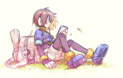 1girl aile_(mega_man_zx) backpack bag black_bodysuit blue_jacket bodysuit brown_hair crop_top cropped_jacket full_body fumfum491 girouette_(mega_man) green_eyes jacket mega_man_(series) mega_man_zx on_grass robot_ears short_hair shorts sitting solo white_shorts