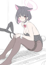 Rule 34 | 1girl, alternate costume, animal ears, bare shoulders, black hair, black leotard, black pantyhose, blue archive, breasts, cat ears, cat girl, cleavage, closed mouth, commentary, extra ears, fake animal ears, halo, highres, holding hairband, kazusa (blue archive), knees up, large breasts, leotard, looking at viewer, masabodo, on table, pantyhose, pink eyes, pink hair, pink halo, rabbit tail, sitting, sketch background, soles, solo, strapless, strapless leotard, table, tail, white wrist cuffs, wrist cuffs