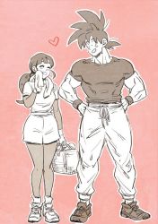 Rule 34 | 1boy, 1girl, :d, ^ ^, alternate costume, amepati, arm at side, bad id, bad twitter id, baggy pants, basket, black eyes, black footwear, black hair, black pantyhose, black shirt, blunt bangs, blush, breasts, chi-chi (dragon ball), clenched hands, closed eyes, couple, dragon ball, dragonball z, drying, full body, hands on own hips, happy, heart, height difference, hetero, holding, holding basket, legs together, long sleeves, looking at another, looking down, medium breasts, monochrome, muscular, open mouth, outline, pants, pantyhose, pink background, pink theme, ponytail, shirt, shoes, short sleeves, shorts, side-by-side, sidelocks, simple background, smile, sneakers, son goku, spiked hair, spot color, standing, towel, towel around neck, white footwear, white outline, white pants, white shirt, white shorts, wristband