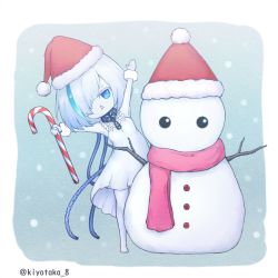 Rule 34 | 1girl, armpits, arms up, azur lane, barefoot, blue background, blue eyes, blue hair, branch, breasts, cable, candy, candy cane, colored skin, commentary request, dress, food, full body, hair between eyes, hair over one eye, hat, holding, holding candy, holding candy cane, holding food, jewelry, jitome, looking at viewer, multicolored hair, necklace, o/, outstretched arms, pink scarf, santa hat, scarf, short hair, sidelocks, simple background, small breasts, snow, snowman, solo, standing, streaked hair, taka-8g, tb (azur lane), triangle mouth, twitter username, two-tone hair, white dress, white hair, white skin, wristband