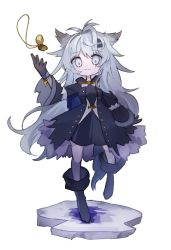 Rule 34 | 1girl, aged down, animal ears, antenna hair, arknights, black coat, black dress, black footwear, black gloves, boots, chibi, coat, dress, gloves, grey eyes, grey hair, grey pantyhose, hand up, highres, jewelry, lappland (arknights), lappland (refined horrormare) (arknights), long hair, long sleeves, messy hair, mgmg cc211, necklace, official alternate costume, open clothes, open coat, pantyhose, scar, scar across eye, simple background, solo, standing, tail, very long hair, white background, wolf ears, wolf girl, wolf tail