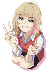 Rule 34 | 1girl, absurdres, ahoge, black skirt, blonde hair, blue eyes, clenched teeth, double v, grin, highres, kawai rika, loafers, looking at viewer, medium hair, multicolored hair, oshimaidebu, pink hair, pleated skirt, red vest, school uniform, shadow, shirt, shoes, simple background, skirt, sleeves rolled up, smile, solo, squatting, streaked hair, teeth, v, vest, white background, wonder egg priority