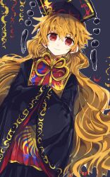 Rule 34 | 1girl, animal print, aoiro (user68580594), belt, bird print, black belt, black dress, black hat, bow, bowtie, chinese clothes, closed mouth, crescent, crescent print, dress, hair between eyes, hands up, hat, highres, junko (touhou), long hair, long sleeves, looking at viewer, mandarin collar, orange hair, own hands together, phoenix crown, phoenix print, pom pom (clothes), purple background, red eyes, red tabard, smile, solo, standing, tabard, touhou, very long hair, wavy hair, wide sleeves, yellow bow, yellow bowtie