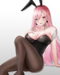 Rule 34 | 1girl, absurdres, animal ears, arm tattoo, bare shoulders, black pantyhose, blush, breasts, cleavage, codename696, collarbone, earrings, fake animal ears, fangs, fangs out, feet out of frame, girls&#039; frontline, hair between eyes, hand on floor, hand on own chest, heart, heart earrings, highres, jewelry, large breasts, leotard, long hair, looking at viewer, mole, mole under eye, neck tattoo, open mouth, pantyhose, pink hair, playboy bunny, rabbit ears, red eyes, sig mcx (girls&#039; frontline), sitting, solo, tattoo, thighs, tongue, tongue out, white background