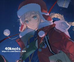 1boy artist_name blonde_hair blue_shirt box captain_nemo_(fate) captain_nemo_(santa)_(fate) collared_shirt down_jacket fate/grand_order fate_(series) fur_hat fur_trim gift gift_box green_eyes hat jacket long_braid long_hair long_sleeves looking_at_viewer male_focus nemo_(fate) night pom_pom_(clothes) red_hat red_jacket sherry_0014 shirt sky solo star_(sky) starry_sky twitter_username ushanka