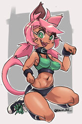 Rule 34 | 1girl, absurdres, animal ears, breasts, cat ears, cat girl, cat tail, colored skin, dark-skinned female, dark skin, fingernails, full body, furry, furry female, green eyes, gym uniform, highres, kevin ku, kneeling, large breasts, looking at viewer, low twintails, navel, nikki (kevin ku), open mouth, original, paw pose, shiny skin, short hair, short shorts, shorts, simple background, smile, solo, tail, twintails, wide hips