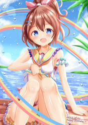 Rule 34 | 1girl, :d, arm support, bare shoulders, blue eyes, blue sailor collar, blue sky, blush, brown hair, character request, cloud, commentary request, crop top, dated, day, fang, feet out of frame, green panties, hair between eyes, hair ribbon, happy birthday, high ponytail, highres, horizon, knees up, looking at viewer, ocean, ongeki, open mouth, outdoors, panties, ponytail, red ribbon, ribbon, sailor collar, shirt, sitting, sky, smile, solo, underwear, water, water drop, white shirt, xenon (for achieve)