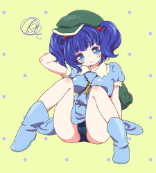 Rule 34 | 1girl, backpack, bag, between breasts, blue eyes, blue hair, blush, boots, breasts, dress, fallen down, full body, hair bobbles, hair ornament, hand on own head, hat, kawashiro nitori, key, large breasts, looking at viewer, matching hair/eyes, okino shimako, one-piece swimsuit, panties, pantyshot, pocket, puffy short sleeves, puffy sleeves, rubber boots, school swimsuit, shirt, short sleeves, simple background, skirt, skirt set, solo, swimsuit, touhou, twintails, two side up, underwear, upskirt, yellow background