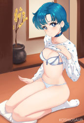 Rule 34 | 1girl, artist name, bad id, bad pixiv id, bishoujo senshi sailor moon, blue choker, blue eyes, blue hair, blush, bra, breasts, choker, cleavage, closed mouth, clothes lift, collarbone, commentary request, earrings, flower, full body, hand on own chest, hand on own leg, indoors, jewelry, koshio, long sleeves, looking at viewer, medium breasts, mizuno ami, navel, panties, plant, potted plant, seiza, shirt, shirt lift, short hair, sitting, smile, socks, solo, stomach, striped clothes, striped panties, underwear, white bra, white socks, yellow flower