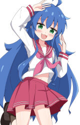 1girl :3 :d ahoge aikawa_ryou arm_up blue_hair blush brown_shoes cowboy_shot green_eyes hand_up highres izumi_konata long_hair lucky_star miniskirt mole mole_under_eye navel open_mouth red_sailor_collar red_skirt sailor_collar school_uniform shiny_skin shirt shoes skirt smile white_shirt