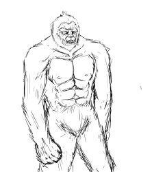 Rule 34 | bare pectorals, facial hair, fur, furry, furry male, goatee, highres, ke zhongxiao niao, king kong, king kong (series), large pectorals, lineart, long sideburns, muscular, muscular male, pectorals, sideburns, stubble, thick thighs, thighs