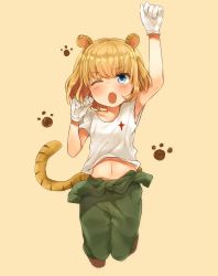 Rule 34 | 10s, 1girl, animal ears, arm up, armpit peek, blonde hair, blue eyes, blush, brown background, clothes around waist, collarbone, eyebrows, fang, full body, girls und panzer, gloves, highres, jumping, jumpsuit, katyusha (girls und panzer), koretsuna, looking at viewer, midriff, navel, one eye closed, open mouth, pants, paw print, shirt, shoes, short hair, short sleeves, simple background, solo, star (symbol), tail, tiger ears, tiger tail, white gloves
