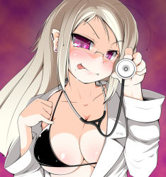 Rule 34 | 1girl, :p, bad id, bad pixiv id, bikini, bikini top only, black bikini, blonde hair, breasts, character request, cleavage, doctor, earrings, fang, glasses, jewelry, kotatsu (kotatsu3), large breasts, long hair, naughty face, original, purple eyes, smile, solo, source request, stethoscope, swimsuit, tongue, tongue out