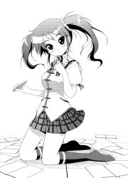 Rule 34 | 1girl, akabane iori, blush, greyscale, kneeling, kyou ami!, looking at viewer, monochrome, porurin (do-desho), simple background, skirt, solo, twintails, white background