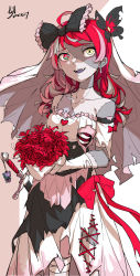 Rule 34 | 1girl, absurdres, ahoge, alternate costume, alternate hairstyle, bandaged leg, bandages, bare shoulders, bidortw, black bow, blush, bouquet, bow, butterfly hair ornament, colored skin, cross-laced clothes, dated, dress, earrings, exposed bone, exposed muscle, fangs, flower, frilled dress, frills, grey hair, grey skin, hair bow, hair ornament, heart, heterochromia, highres, holding, holding bouquet, hole on body, hololive, hololive indonesia, jewelry, kureiji ollie, long hair, multicolored hair, pink hair, pink skin, red bow, red eyes, red flower, red hair, sheath, sheathed, signature, solo, stitched arm, stitched face, stitched leg, stitched neck, stitched torso, stitches, sword, symbol-shaped pupils, torn clothes, udin (kureiji ollie), veil, virtual youtuber, weapon, wedding, wedding dress, white dress, yellow eyes, zombie