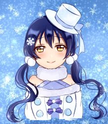 Rule 34 | alternate hairstyle, bare shoulders, blue hair, commentary request, hair between eyes, hair ornament, hairpin, hat, highres, kino xx62, long hair, looking at viewer, love live!, love live! school idol festival, love live! school idol project, portrait, smile, snow, snowflake hair ornament, snowflakes, sonoda umi, twintails, winter clothes, yellow eyes