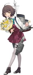 Rule 34 | 1girl, ahoge, aqua bow, aqua bowtie, black hair, blue bow, blue bowtie, blunt bangs, boots, bouquet, bow, bowtie, brown eyes, brown hair, collared shirt, cross-laced footwear, dress, flower, fujikawa, full body, grey thighhighs, holding, holding flower, kantai collection, kishinami (kancolle), lace-up boots, long sleeves, machinery, official art, open mouth, pantyhose, pleated dress, purple dress, purple thighhighs, rigging, school uniform, seamed legwear, shirt, short hair, side-seamed legwear, smile, smokestack, solo, thighhighs, torpedo, torpedo launcher, torpedo tubes, transparent background, wavy hair, white flower, white shirt, yellow flower