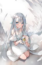 Rule 34 | 1girl, absurdres, amatsuka uto, angel, angel wings, apple, bare shoulders, blue eyes, blue hair, closed mouth, commentary, detached sleeves, dress, english commentary, feathers, floating, food, fruit, golden apple, hair ornament, hairclip, halter dress, halterneck, highres, indie virtual youtuber, long hair, looking at viewer, off-shoulder dress, off shoulder, ribbon, simple background, smile, solo, twintails, virtual youtuber, wings, zen juraku