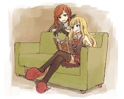 Rule 34 | 2girls, blonde hair, book, brown hair, cagliostro (granblue fantasy), clarisse (granblue fantasy), collared shirt, commentary, commentary request, couch, gloves, granblue fantasy, green eyes, grin, long hair, multiple girls, aged up, purple eyes, shirt, skirt, smile, thighhighs, turtleneck, wanotsuku