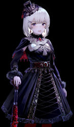 Rule 34 | 1girl, black background, black capelet, black dress, black hat, black sleeves, brooch, capelet, detached sleeves, dress, earrings, fur-trimmed capelet, fur trim, has bad revision, hat, hisahisahisahisa, jewelry, long sleeves, looking at viewer, md5 mismatch, mini hat, mini top hat, original, pantyhose, parted lips, purple eyes, red pantyhose, resolution mismatch, revision, simple background, sleeveless, sleeveless dress, solo, source larger, tilted headwear, top hat, white hair