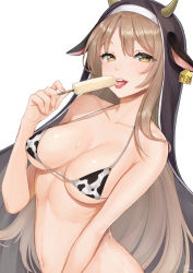 Rule 34 | 1girl, absurdres, animal ears, animal print, bare shoulders, bikini, blush, breasts, brown hair, cleavage, collarbone, cow ears, cow horns, cow print, ear tag, eating, fake animal ears, fake horns, food, highres, holding, holding food, horns, looking at viewer, medium breasts, micro bikini, mizuiro 32, nail polish, navel, nijisanji, open mouth, pink nails, popsicle, signature, sister claire, sister claire (1st costume), solo, straight hair, swimsuit, tongue, tongue out, upper body, veil, virtual youtuber, yellow eyes