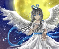 Rule 34 | 1girl, angel wings, bad id, bad pixiv id, blue eyes, full moon, hand on own chest, looking at viewer, luo tianyi, moon, moriz, outstretched hand, petals, smile, solo, star (sky), vocaloid, wings