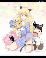 Rule 34 | 1girl, agahari, animal ears, barefoot, blonde hair, blush, breasts, brown eyes, cat ears, cat girl, cat tail, character doll, cleavage, doll, eyepatch, female focus, full body, gradient background, heart, heart-shaped pillow, highres, long hair, nightgown, no eyewear, no panties, one eye closed, perrine h. clostermann, pillow, sakamoto mio, solo, strike witches, stuffed animal, stuffed toy, tail, teddy bear, white background, wink, world witches series