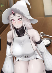 Rule 34 | 1girl, bare shoulders, black horns, blush, breasts, colored skin, detached sleeves, hat, highres, horns, kantai collection, large breasts, long hair, mixing bowl, nikku (nzaf5832), pale skin, red eyes, seaport princess, sideboob, single horn, solo, whip, white hair, white hat, white skin, white sleeves, witch hat