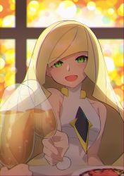 Rule 34 | 1girl, 1other, :d, bare arms, blonde hair, blush, chromatic aberration, commentary request, creatures (company), cup, diamond (shape), dress, eyelashes, game freak, gem, green eyes, green gemstone, highres, holding, holding cup, long hair, looking at viewer, lusamine (pokemon), multicolored hair, nintendo, open mouth, plate, pokemon, pokemon sm, purple hair, sleeveless, sleeveless dress, smile, streaked hair, taisa (lovemokunae), toasting (gesture), tongue, white dress