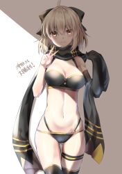 Rule 34 | 1girl, ahoge, asymmetrical gloves, bad id, bad pixiv id, bikini, black bikini, black bow, black gloves, black scarf, black thighhighs, blonde hair, bow, breasts, cleavage, closed mouth, cowboy shot, elbow gloves, fate/grand order, fate (series), gloves, gluteal fold, hair between eyes, hair bow, looking at viewer, medium breasts, medium hair, multi-strapped bikini bottom, navel, okita j. souji (fate), okita j. souji (first ascension) (fate), okita souji (fate), okita souji (koha-ace), scarf, single glove, smile, solo, standing, swimsuit, thigh gap, thigh strap, thighhighs, uneven gloves, v, yellow eyes, yuihira asu