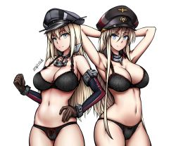 Rule 34 | 2girls, arms behind head, artist name, azur lane, bismarck (azur lane), bismarck (kancolle), black bra, black panties, blonde hair, blue eyes, bra, breasts, crossover, germany, has bad revision, has downscaled revision, hat, highres, historical name connection, jewelry, kantai collection, large breasts, long hair, look-alike, looking at viewer, md5 mismatch, military hat, multiple girls, name connection, necklace, panties, peaked cap, resolution mismatch, source smaller, underwear, underwear only, white background, zap-nik