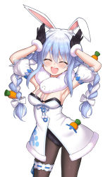Rule 34 | 1girl, ^ ^, alphy, animal ear fluff, animal ears, black gloves, blue hair, blush, braid, breasts, bridal garter, carrot hair ornament, closed eyes, coat, food-themed hair ornament, gloves, hair ornament, highres, hololive, hololive fantasy, leotard, long hair, multicolored hair, open mouth, pantyhose, playboy bunny, rabbit, rabbit ears, rabbit girl, scarf, simple background, small breasts, smile, solo, thick eyebrows, twin braids, two-tone hair, usada pekora, usada pekora (1st costume), virtual youtuber, white background, white coat, white hair