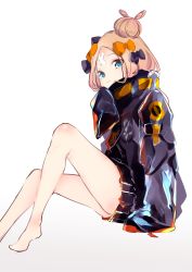 Rule 34 | 1girl, abigail williams (fate), abigail williams (traveling outfit) (fate), bad id, bad pixiv id, barefoot, black bow, black jacket, blue eyes, bow, brown hair, closed mouth, commentary request, crossed bandaids, fate/grand order, fate (series), gradient background, grey background, hair bow, hair bun, hand up, heroic spirit traveling outfit, highres, jacket, knee up, long hair, long sleeves, looking at viewer, multiple hair bows, official alternate costume, orange bow, parted bangs, polka dot, polka dot bow, single hair bun, sitting, sleeves past fingers, sleeves past wrists, smile, solo, white background, yonemuro