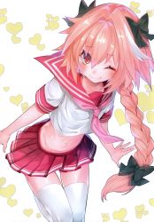 Rule 34 | 1boy, absurdres, astolfo (fate), astolfo (sailor paladin) (fate), bent over, black bow, blush, bow, braid, fang, fate/apocrypha, fate/grand order, fate (series), flower, hair flower, hair intakes, hair ornament, highres, long braid, long hair, looking at viewer, male focus, multicolored hair, official alternate costume, one eye closed, outdoors, pink hair, pink skirt, pleated skirt, purple eyes, school uniform, shirt, short shorts, shorts, single braid, skin fang, skirt, smile, solo, streaked hair, suzuho hotaru, thighhighs, tied shirt, trap, white hair, white shirt, white thighhighs