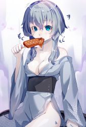 Rule 34 | 10s, 1girl, abyssal ship, bad id, bad twitter id, breasts, cleavage, eating, gradient background, japanese clothes, kantai collection, kimono, looking at viewer, meth (emethmeth), no bra, no panties, off shoulder, short hair with long locks, solo, wo-class aircraft carrier, yukata
