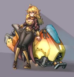 Rule 34 | 1girl, ahoge, belt, belt buckle, blonde hair, boots, breasts, buckle, cleavage, commentary, commission, english commentary, full body, grey background, hair between eyes, highres, hover bike, kelvin hiu, large breasts, long hair, long sleeves, looking at viewer, pants, purple eyes, rwby, simple background, sitting, solo, third-party source, yang xiao long