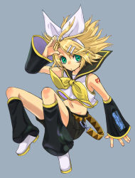 Rule 34 | 1girl, banpei, blonde hair, bow, green eyes, kagamine rin, navel, short shorts, shorts, simple background, solo, vocaloid