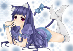 Rule 34 | 1girl, animal ears, blouse, blue hair, bow, cat ears, cat tail, colorized, feet, flat chest, frederica bernkastel, frilled thighhighs, frills, hime cut, kemonomimi mode, kneehighs, long hair, lying, mushi024, on stomach, open clothes, open mouth, open shirt, over-kneehighs, purple eyes, ribbon, shirt, socks, solo, tail, thighhighs, umineko no naku koro ni, very long hair, white socks, white thighhighs
