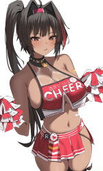 Rule 34 | 1girl, absurdres, ahoge, bandaid, bare arms, bare shoulders, bay (nikke), black choker, black hair, black thighhighs, breasts, cheerleader, choker, cleavage, closed mouth, cowboy shot, crop top, crop top overhang, dark-skinned female, dark skin, fang, goddess of victory: nikke, hair intakes, hairband, highres, holding, holding pom poms, large breasts, long hair, looking at viewer, midriff, miniskirt, mole, mole on breast, mole on stomach, mole on thigh, mole under eye, mole under mouth, murding, navel, panty straps, pleated skirt, pom pom (cheerleading), pom poms, ponytail, red eyes, red shirt, red skirt, see-through, see-through cleavage, shirt, side slit, skindentation, skirt, sleeveless, sleeveless shirt, solo, spaghetti strap, spiked choker, spikes, standing, stomach, thighhighs, thighs, underboob, very long hair