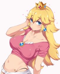 Rule 34 | 1girl, :o, bare shoulders, blonde hair, blue gemstone, blush, breasts, casual, cleavage, collarbone, covered erect nipples, cowboy shot, crown, earrings, female focus, gem, hair between eyes, hand in own hair, hand up, highres, jewelry, large breasts, leaning back, long hair, looking at viewer, mario (series), midriff, moisture (chichi), navel, nintendo, no bra, off-shoulder shirt, off shoulder, panties, parted lips, pink shirt, princess peach, red gemstone, shirt, short shorts, shorts, sidelocks, simple background, solo, star (symbol), stomach, tsurime, underwear, white background, white shorts