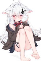 Rule 34 | 1girl, :3, animal ear fluff, animal ears, bare legs, bare shoulders, barefoot, brown jacket, commission, ears down, eip (pepai), extra ears, highres, jacket, long hair, long sleeves, looking at viewer, miniskirt, off shoulder, open clothes, open jacket, red eyes, sitting, skeb commission, skirt, very long hair, vrchat, white background, white hair