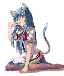 Rule 34 | 1girl, animal ears, black pantyhose, blue hair, cat ears, cat tail, highres, hinanawi tenshi, ibuki notsu, kemonomimi mode, licking lips, light smile, long hair, no headwear, one eye closed, pantyhose, paw pose, red eyes, simple background, sitting, solo, tail, tongue, tongue out, touhou, whiskers, white background, wink